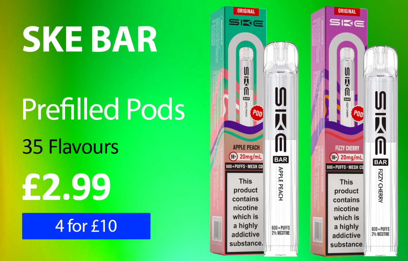 SKE Bar Prefilled Pods - 35 Flavours - £2.99 each or 4 for £10 - Bestseller!