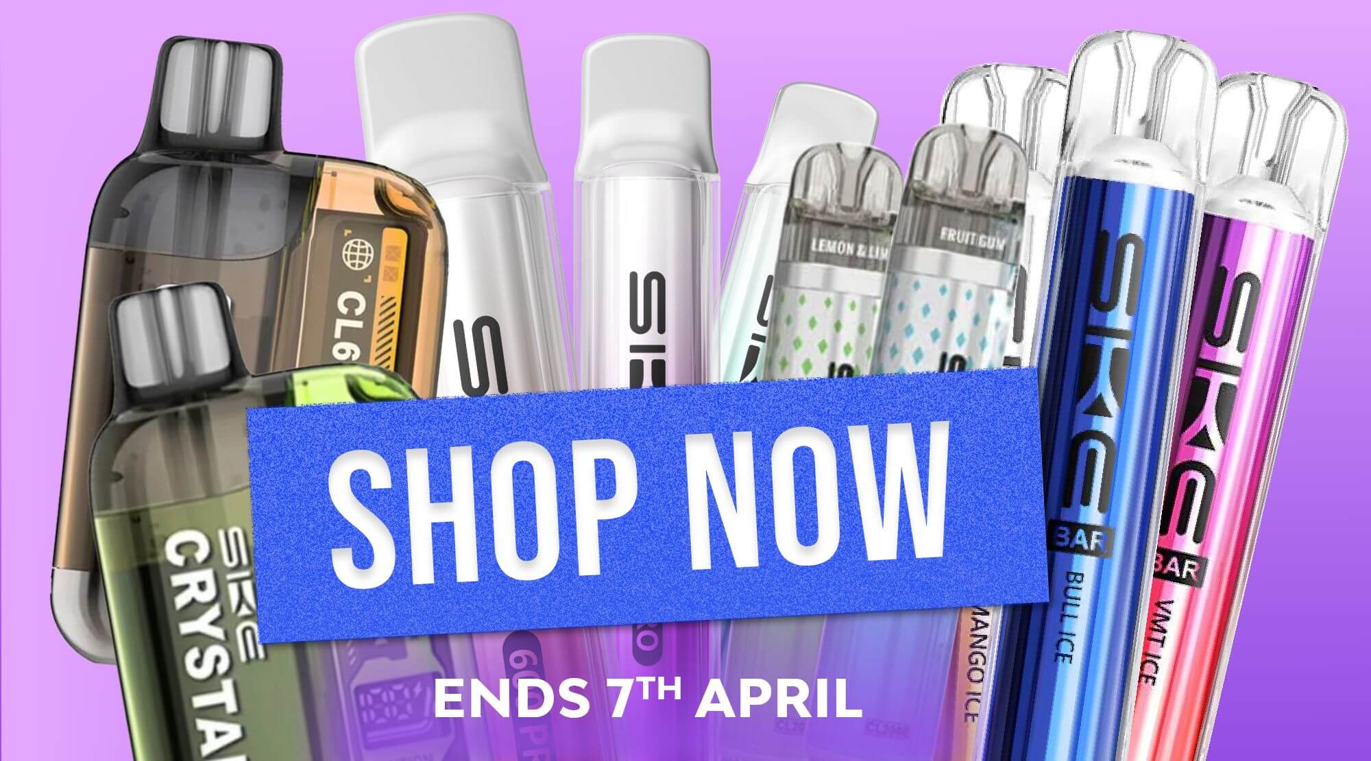 Shop any SKE Crystal Bar vape product and save 20% - ends 7th April.