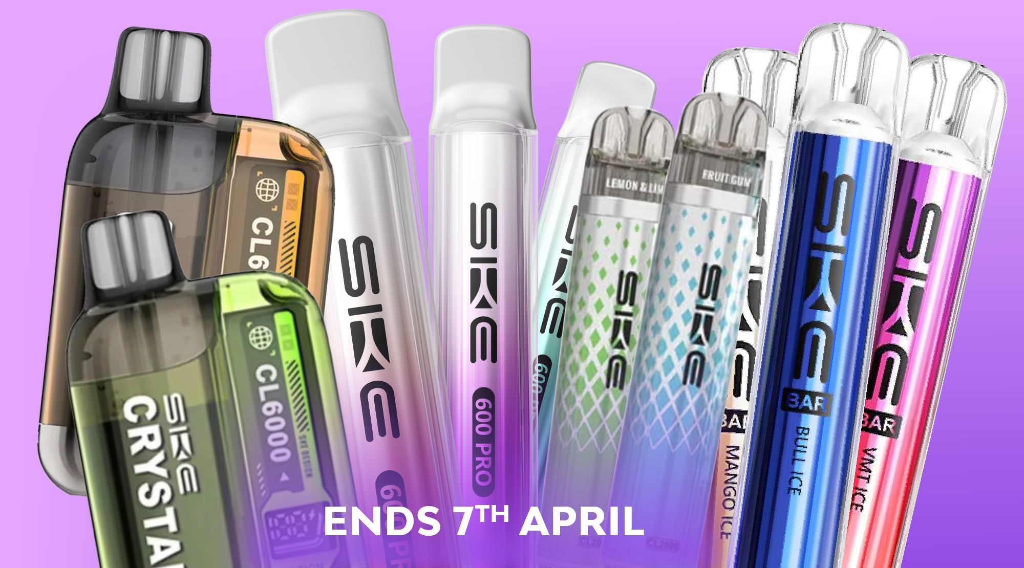 Shop any SKE Crystal Bar vape product and save 20% - ends 7th April.
