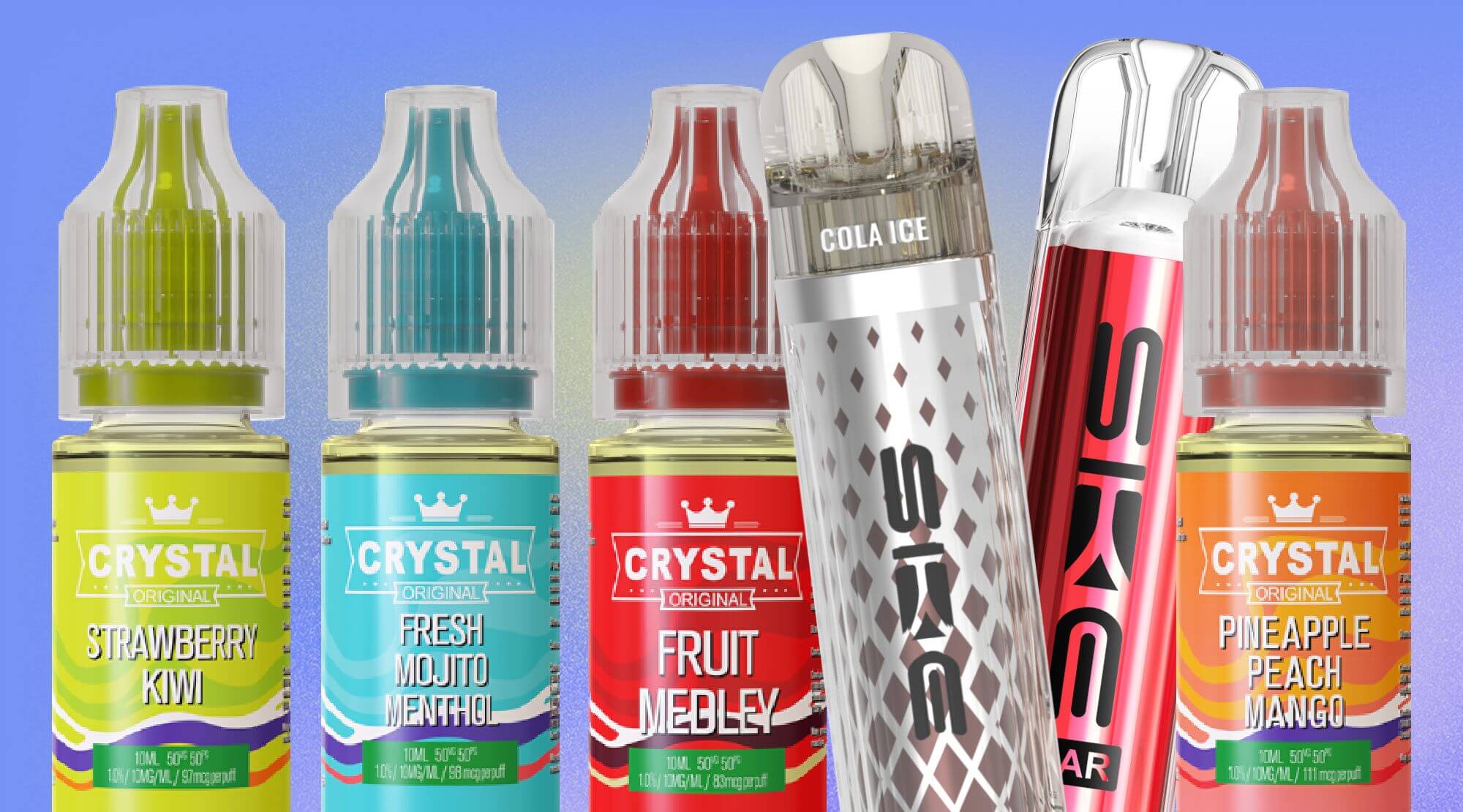 Summer fruit and ice flavours from SKE Crystal Bar. Prefilled kits, pods and nic salts.