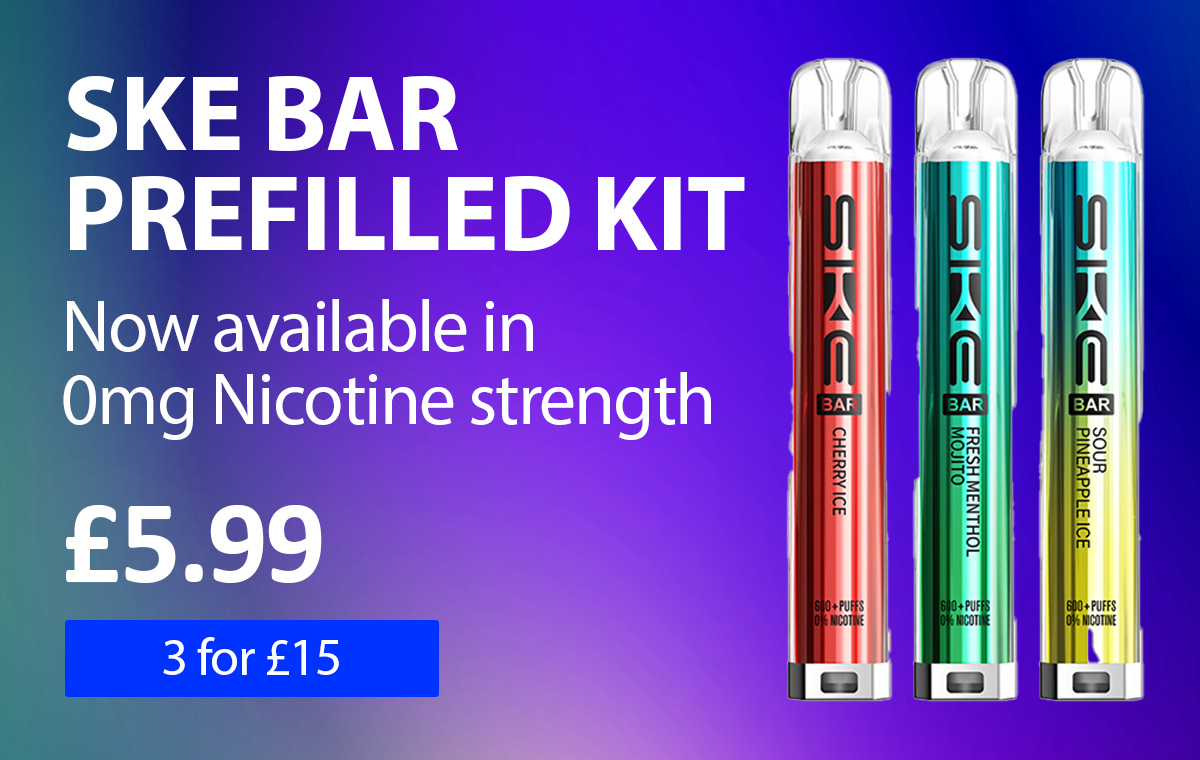 SKE Bar prefilled vape kit, now available in 0mg. £5.99 each or 3 for £15.